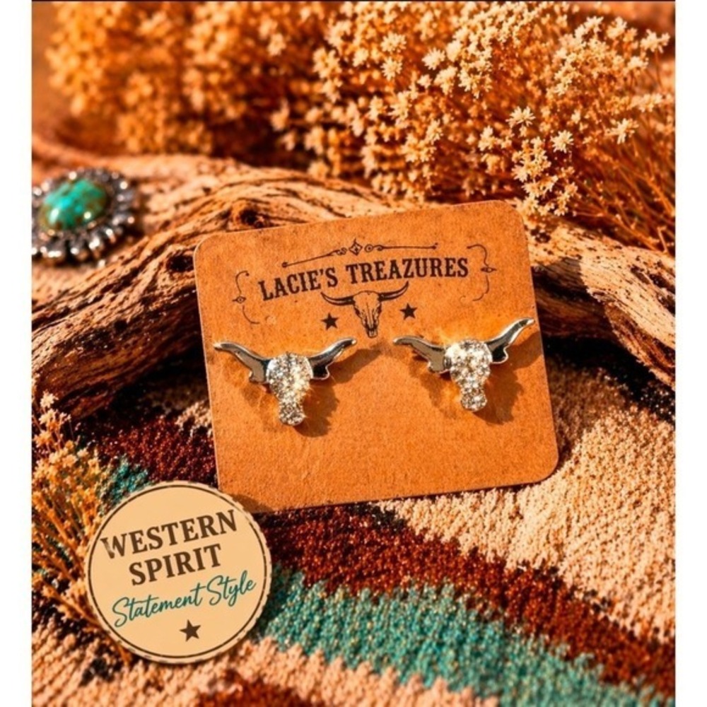 Silver Rhinestone Longhorn Stud Earrings • Western Cow Skull • Sparkle Studs